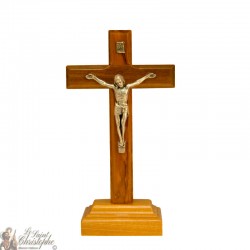 Cruz de madera de olivo sobre base metálica de Cristo - 14 cm